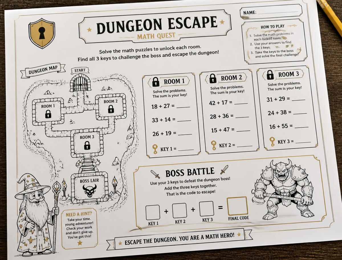 Sample printed dungeon escape math quest worksheet